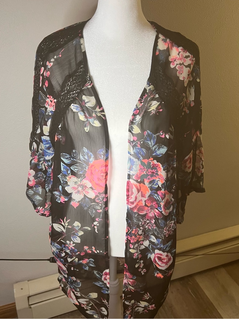 Express Black Sheer Floral Kimono with Pink and Blue Blooms